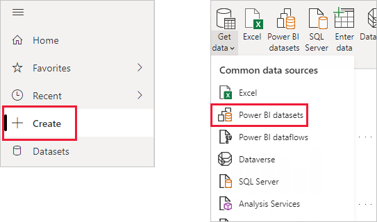 Screenshot shows how to connect to an existing dataset in the Power BI service and Power BI Desktop.