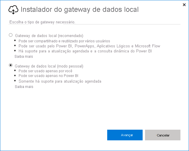 Screenshot that shows selecting the on-premises data gateway (personal mode).