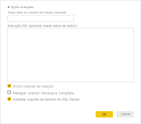 Captura de tela de opções avançadas do SQL Server
