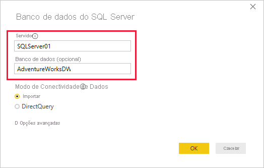 Captura de tela da caixa de diálogo Banco de dados do SQL Server.