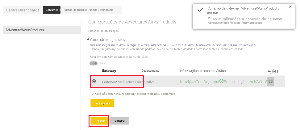 Screenshot that shows applying the gateway connection.