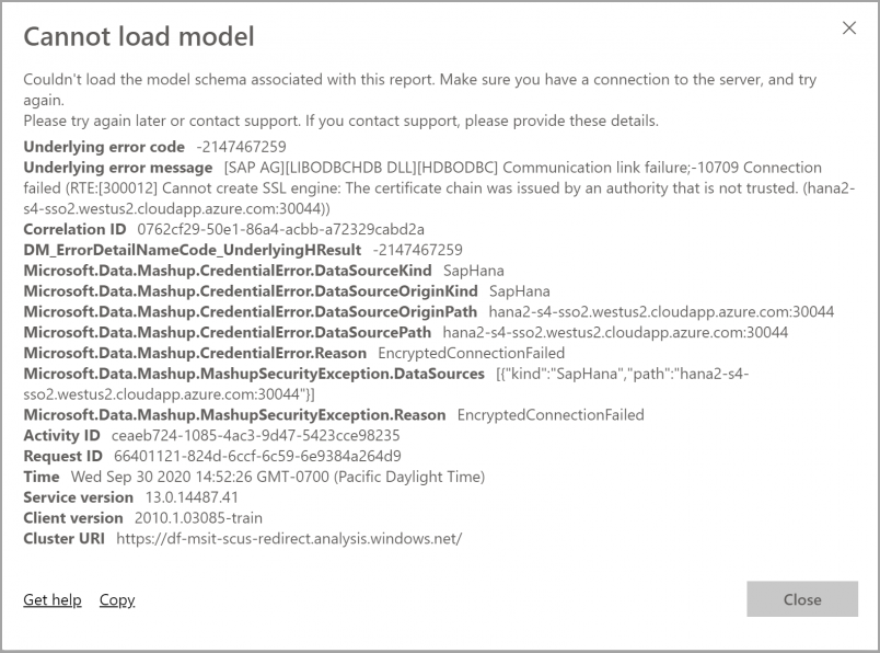 Captura de tela de uma janela de erro de TLS/SSL 
