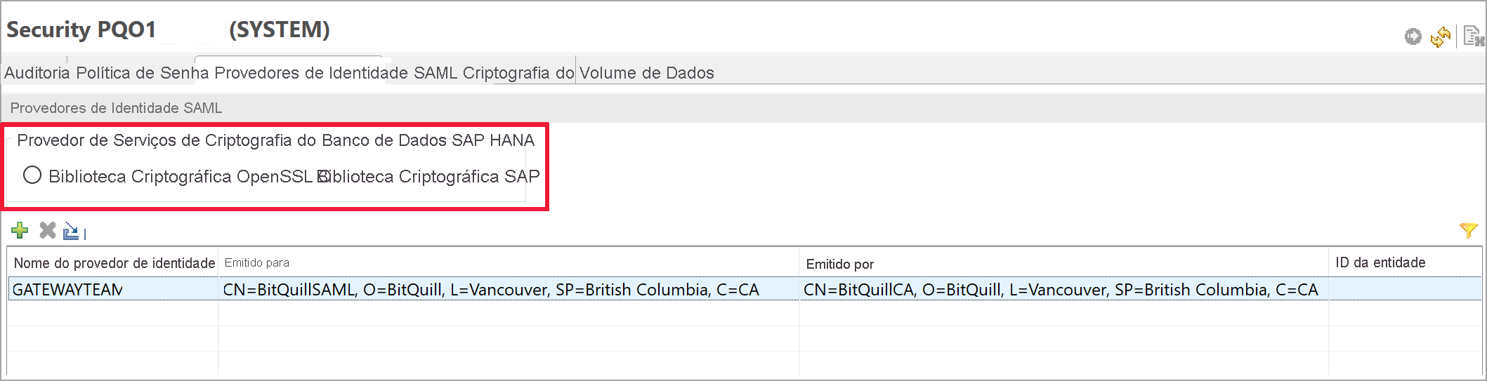 Screenshot of SAP HANA Studio with 'SAP Cryptographic Library' selected as the sslcryptoprovider.