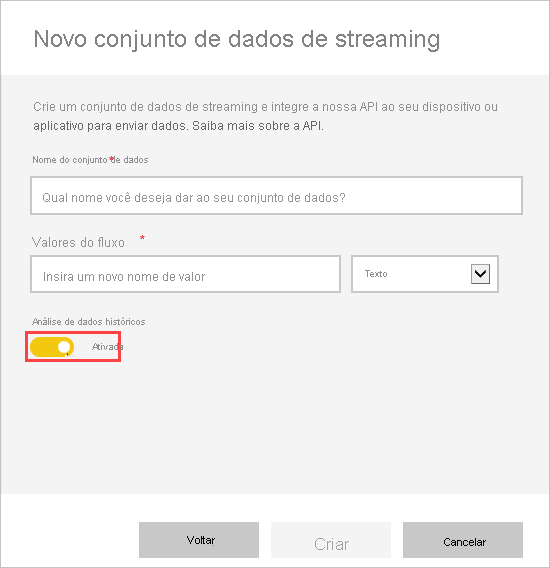 Screenshot of the New streaming semantic model, showing Historic data analysis enabled.