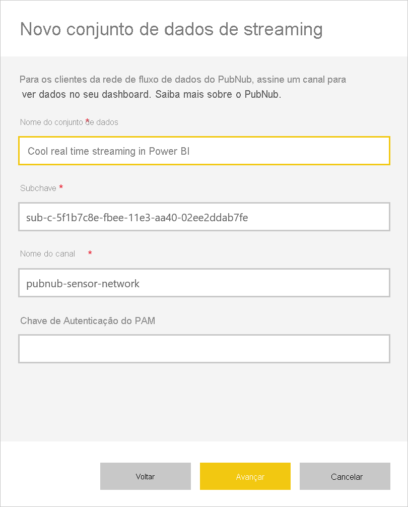 Screenshot of the New streaming semantic model dialog, showing how to create a Semantic model name and entries in the Sub-key and Channel name fields.