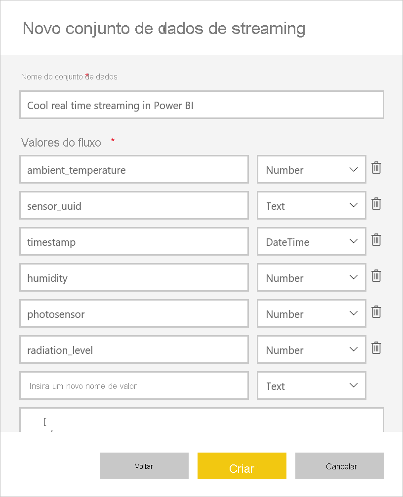 Screenshot of the New streaming semantic model dialog, showing defaults for the Semantic model name and Values from stream fields.