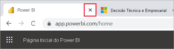 Uma captura de tela mostrando o x na guia do navegador para fechar o Power BI.