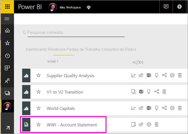 Screenshot of the workspace in the Power BI service and a paginated report highlighted.