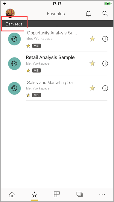 Screenshot that shows Power BI mobile app with 'No network' message.