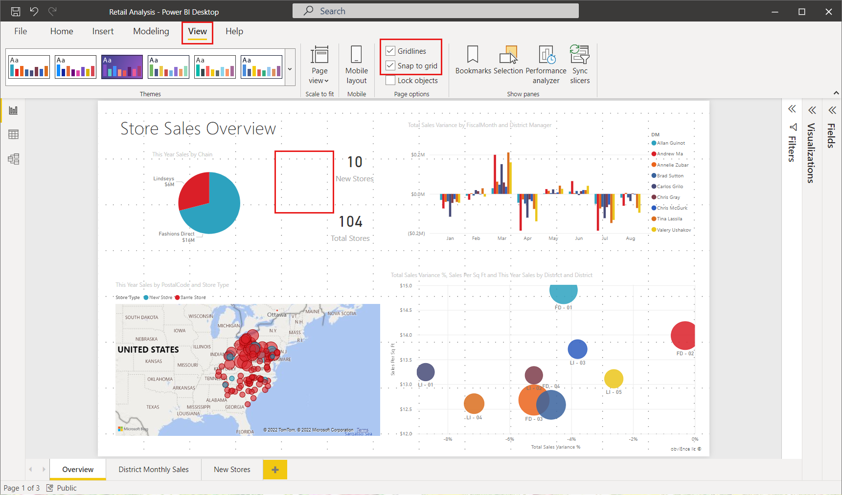 Captura de tela da tela do relatório, mostrando como habilitar linhas de grade e alinhamento à grade em relatórios do Power BI Desktop.