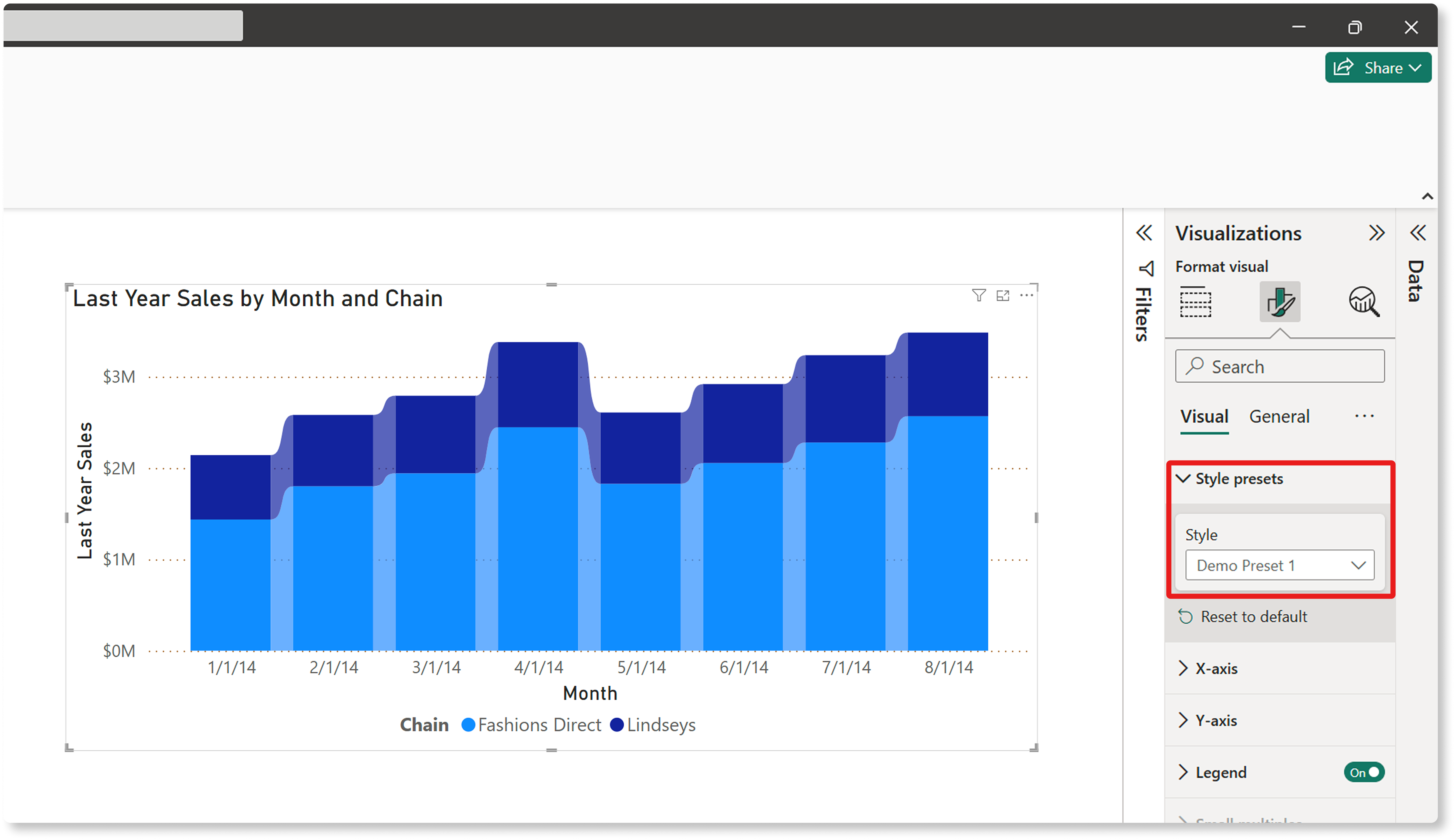 Captura de tela do menu Predefinições de Estilo exibindo a Predefinição de Demonstração 1.