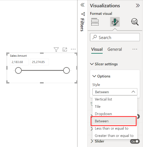 Screenshot of the Numeric range slicer menu.