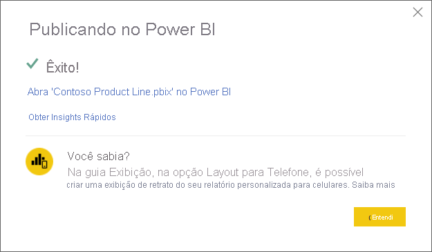 Captura de tela de uma operação bem-sucedida na caixa de diálogo Publicar no Power BI.