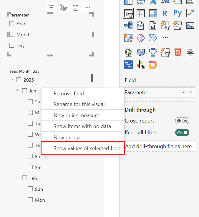 Captura de tela do menu de contexto acessado com o botão direito do mouse em um parâmetro de campo no painel Construir, com a opção Mostrar valores do campo selecionado destacada.