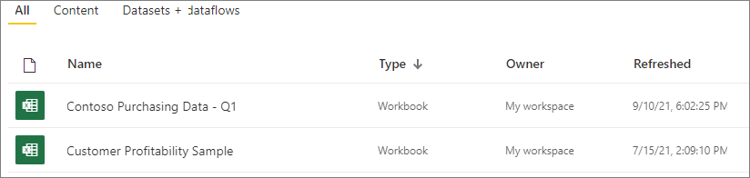 Screenshot showing Excel workbooks in a workspace.