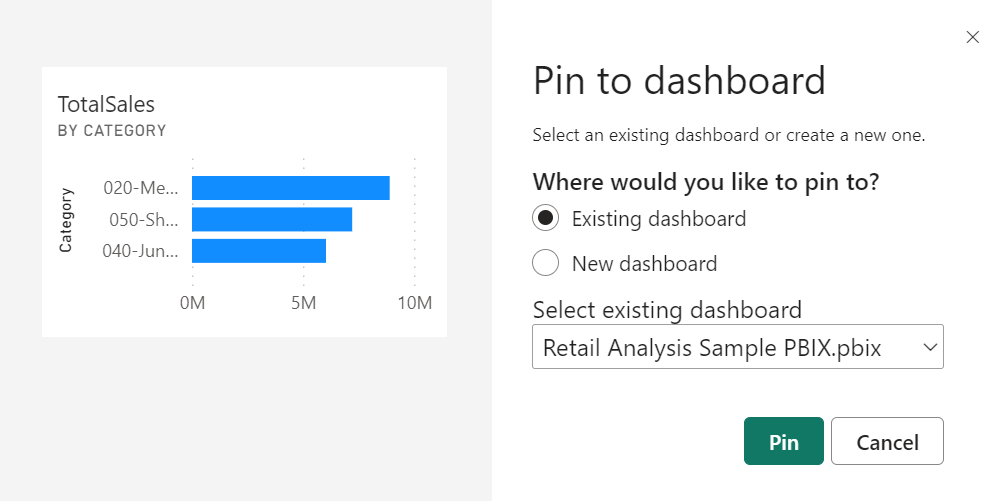 Screenshot of the Pin to dashboard dialog.