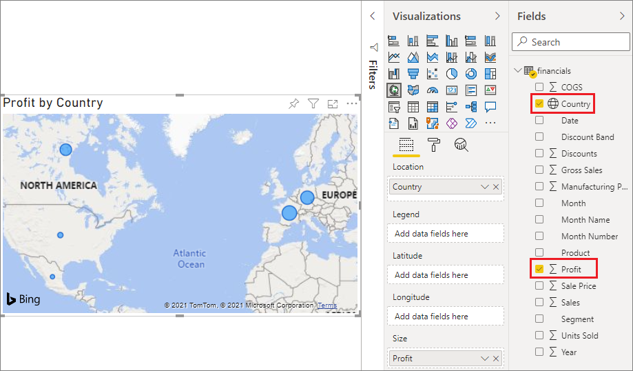 Captura de tela do visual de mapa no editor de relatório.