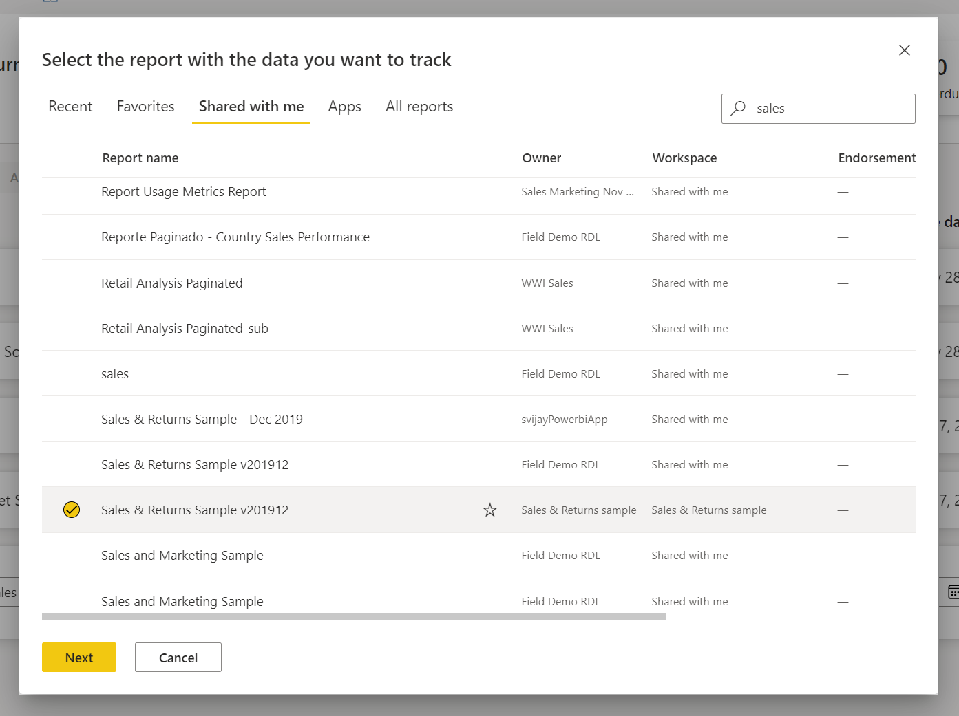 Screenshot of Select the report that contains the data value you want to connect to.