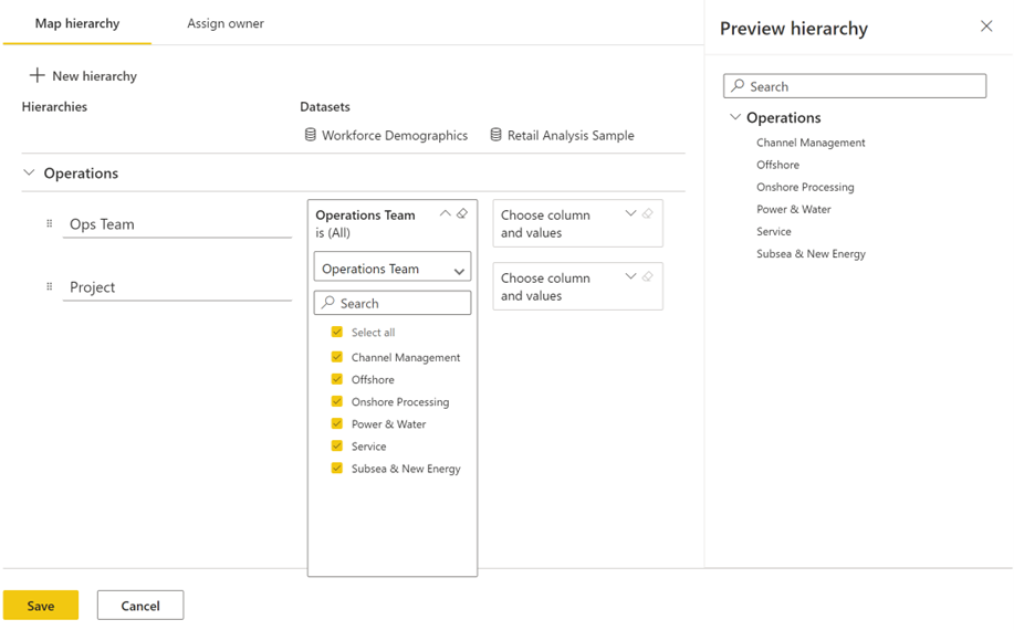 Screenshot of UI showing how users can map hierarchy levels to connected semantic models.