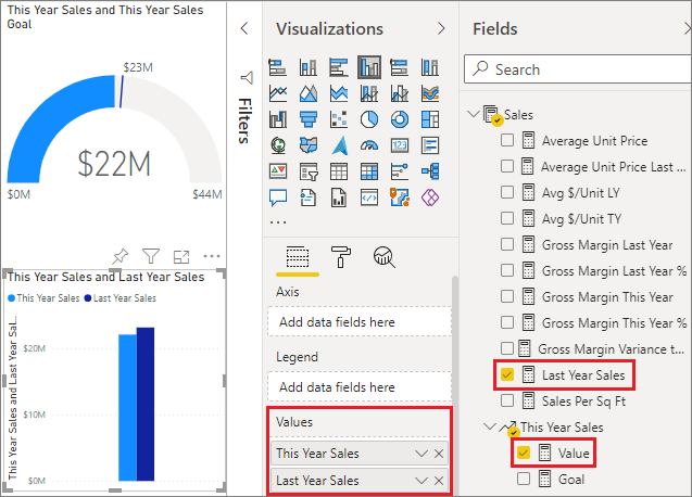 Screenshot of the visualization with Last Year Sales and Value selected in the Data pane.