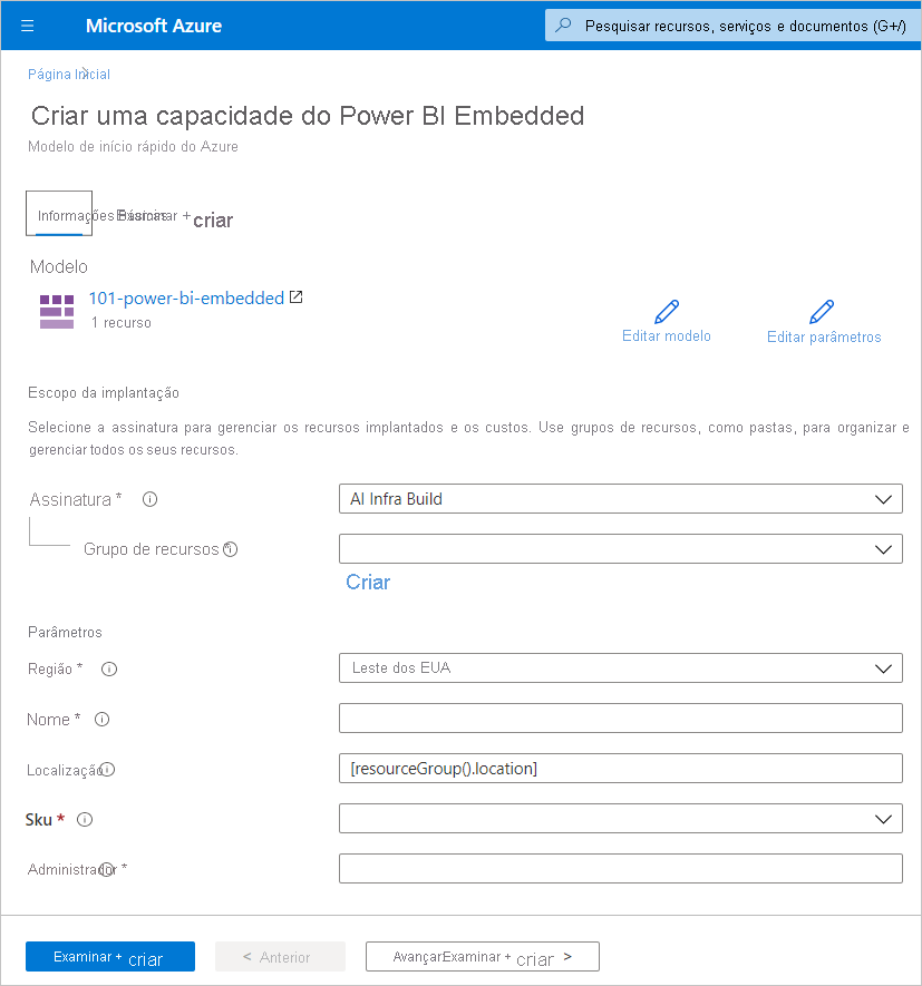 Screenshot shows the Basics tab of the Create a Power B I Embedded capacity page to create new capacity in the Azure portal.