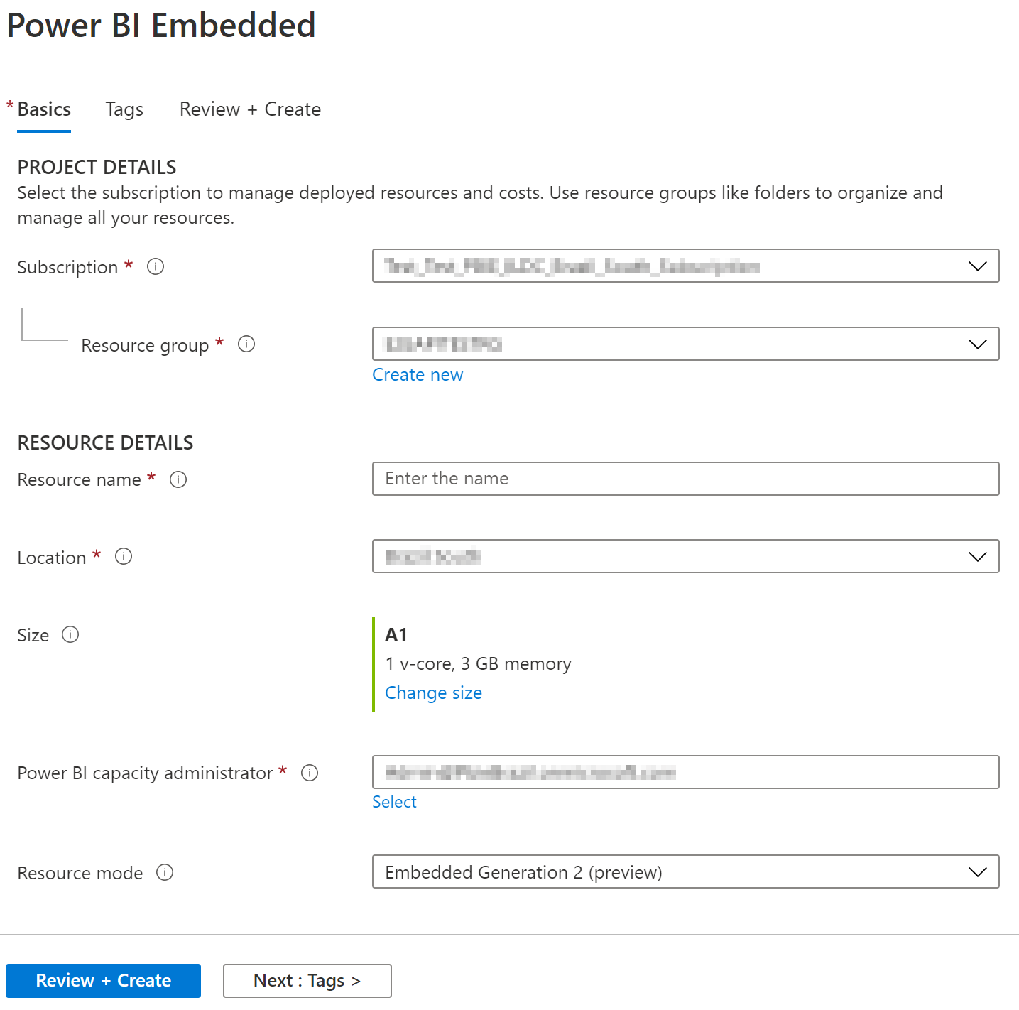 Captura de tela mostrando a guia “Noções básicas” da página do Power BI Embedded para criar uma capacidade no portal do Azure.