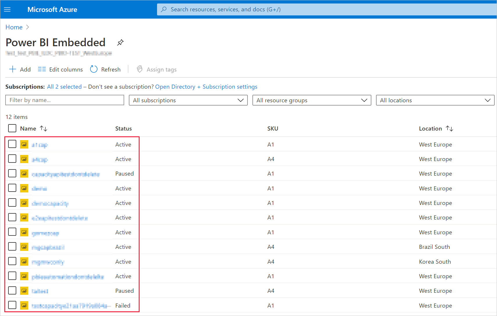 Screenshot of a Power BI Embedded capacity list in the Azure portal.