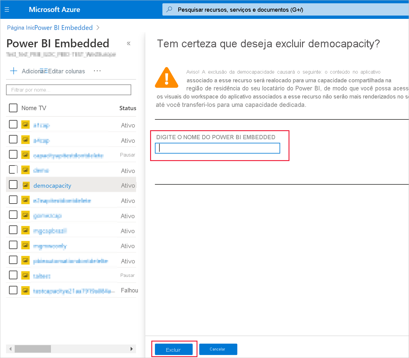 Captura de tela da página de confirmação e aviso de exclusão da capacidade no portal do Azure.