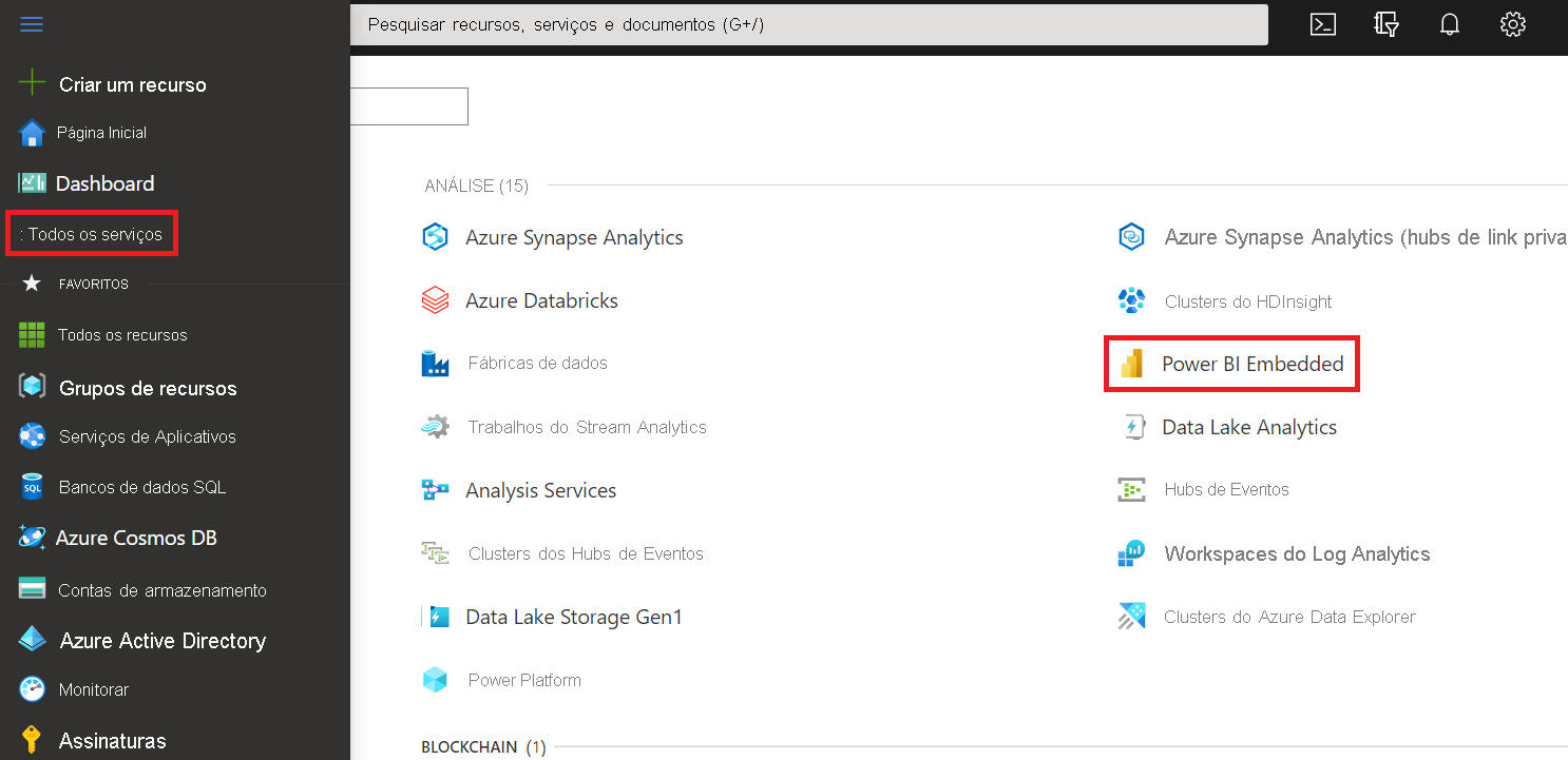 Screenshot of the Azure portal, which shows the Azure services list.