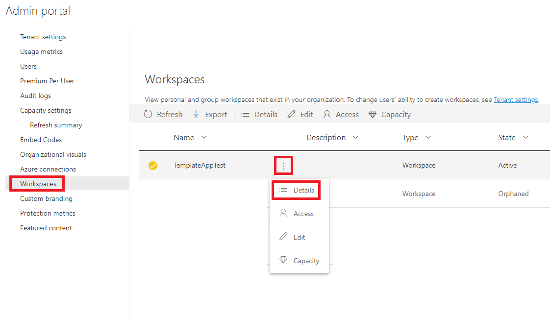 Uma captura de tela mostrando como localizar a ID do workspace nas configurações de administrador.