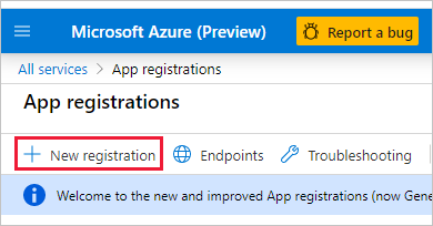 Captura de tela da página Registros de aplicativo no portal do Azure. Novo registro está realçado.