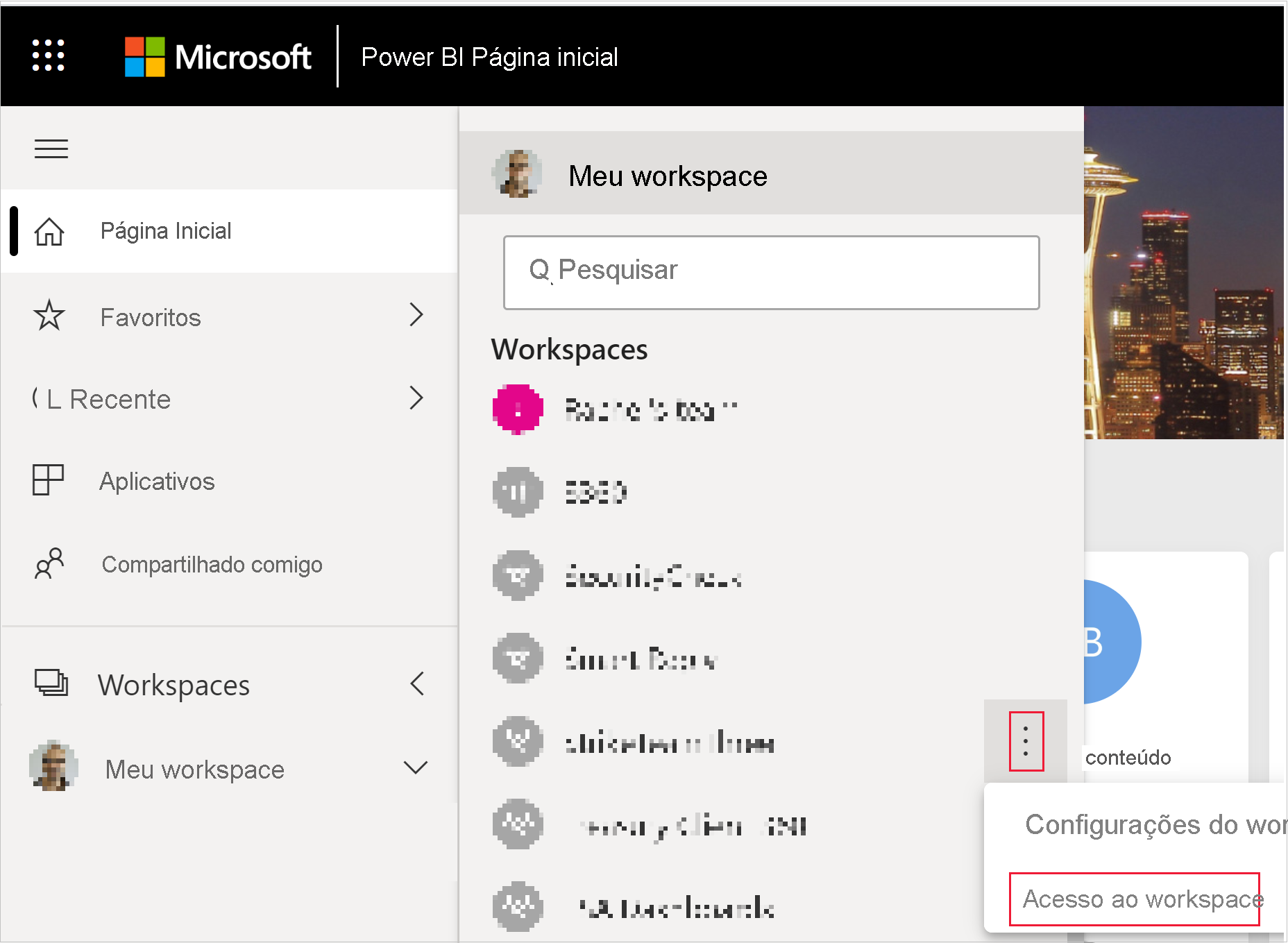 Captura de tela que mostra o menu Mais expandido para um workspace. Nesse menu, o acesso ao Workspace está realçado.