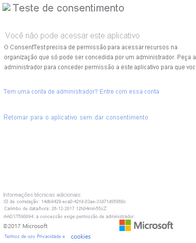Captura de tela da caixa de diálogo de entrada da janela portal do Azure, que mostra o erro de permissão teste de consentimento.