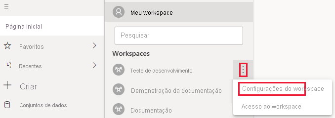 Screenshot of the Power BI service, with the More menu of a workspace expanded. On that menu, the ellipsis and Workspace settings are highlighted.