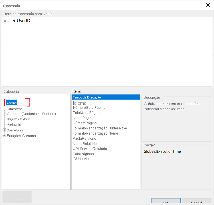 Screenshot shows the Expression window with Built-in Fields selected as Category and ExecutionTime selected as Item.