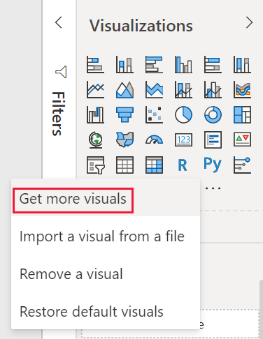 Screenshot of the Power BI Visualizations Pane, which shows the Get more visuals option is highlighted.