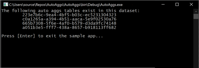 Screenshot of the output the snippet showing auto aggs tables that exist in the model.