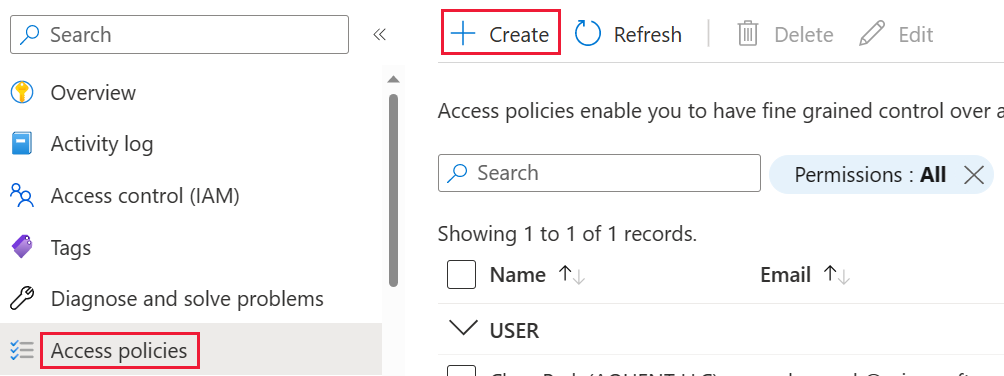 Screenshot of the Create button for access policies in the Azure portal.