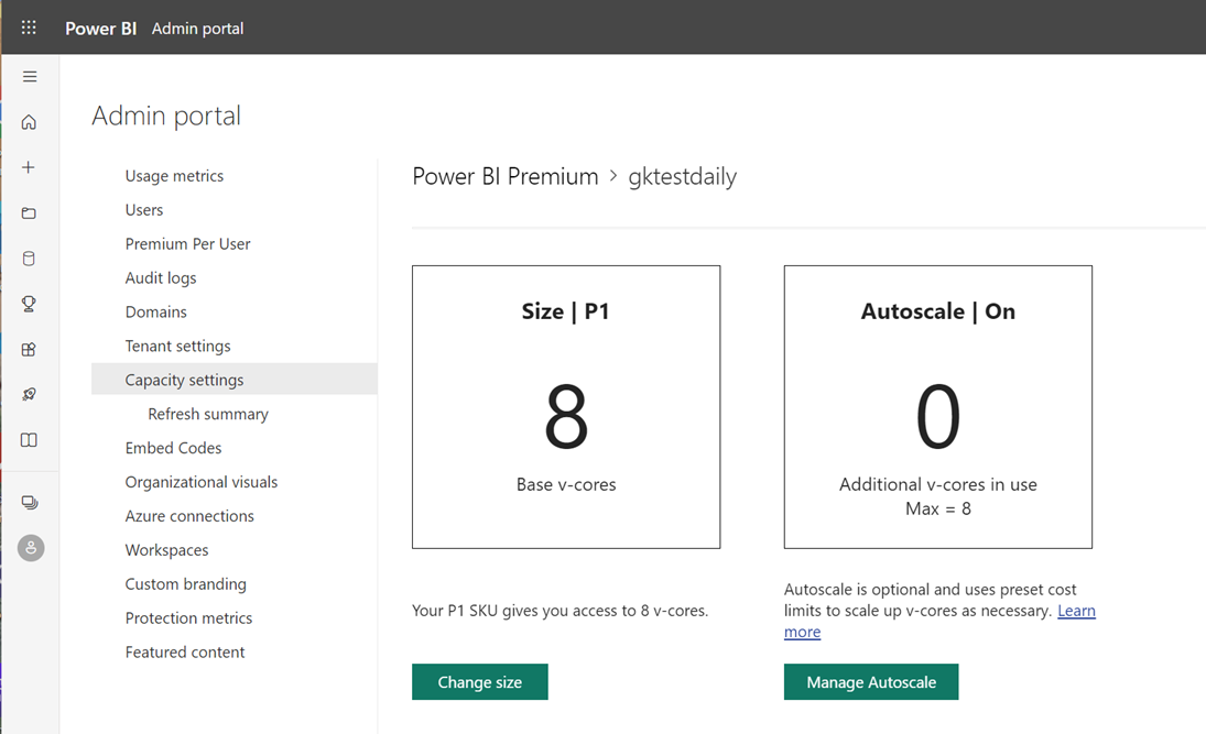 Captura de tela da tela do portal de Administração do Power BI mostrando as configurações de capacidade P1.