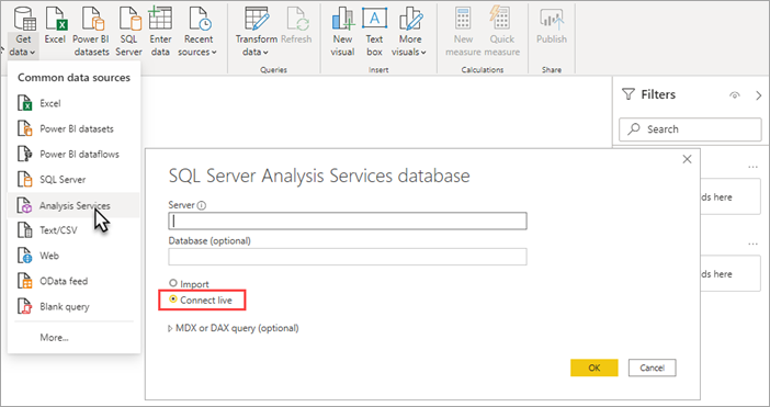 Screenshot of Power BI Desktop Analysis Services is selected. Connect live is highlighted in the analysis services database dialog.