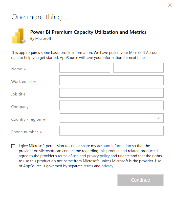 Screenshot of the registration window, which includes fields to fill in with your Microsoft account details.