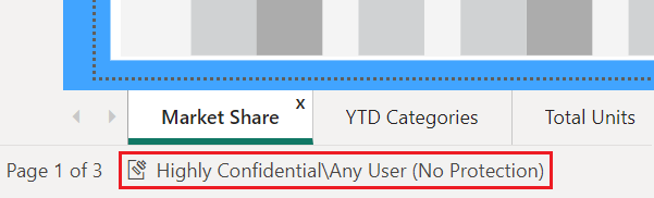 Captura de tela que mostra o rótulo de confidencialidade realçado na barra de status do Power BI Desktop.