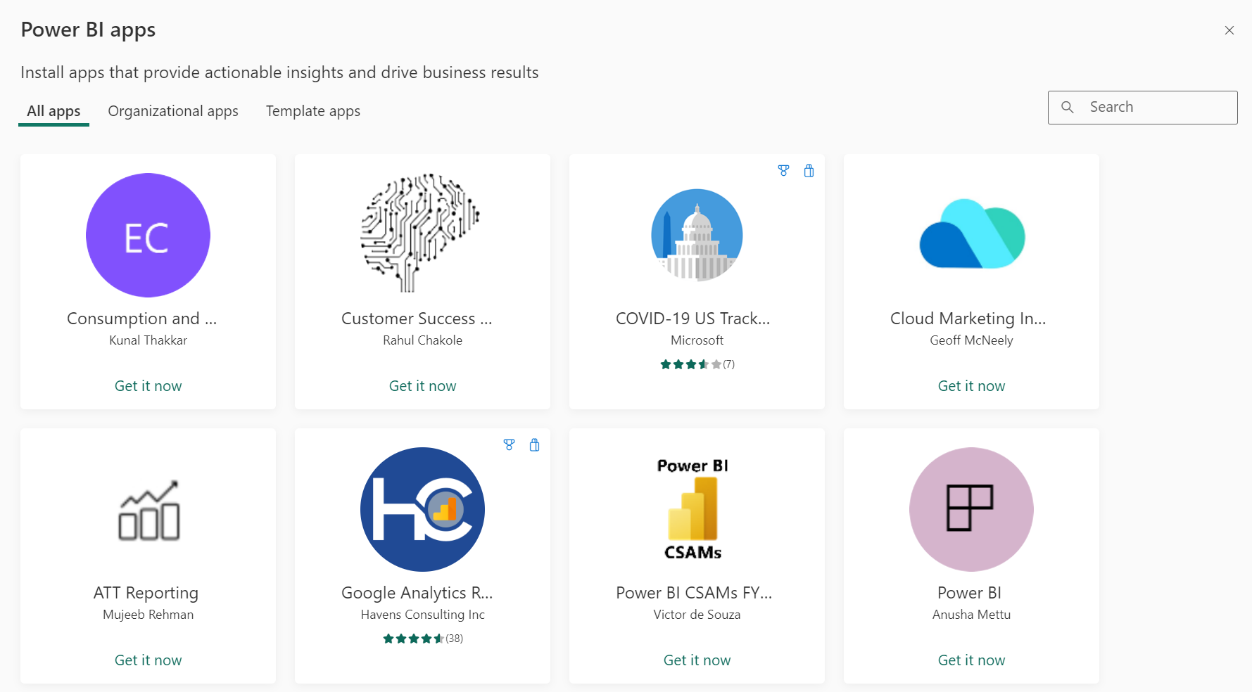 Captura de tela do marketplace de aplicativos no Power BI.