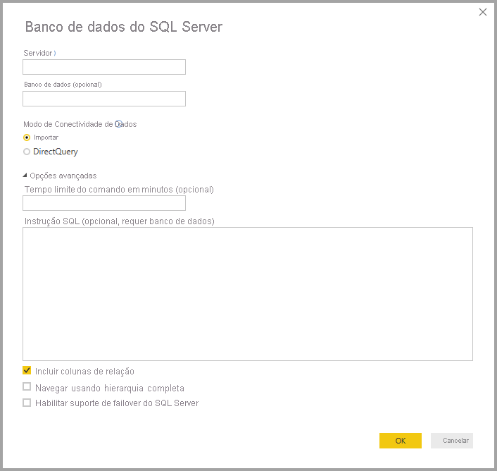 Captura de tela do Power BI Desktop mostrando a caixa de diálogo do banco de dados do SQL Server.
