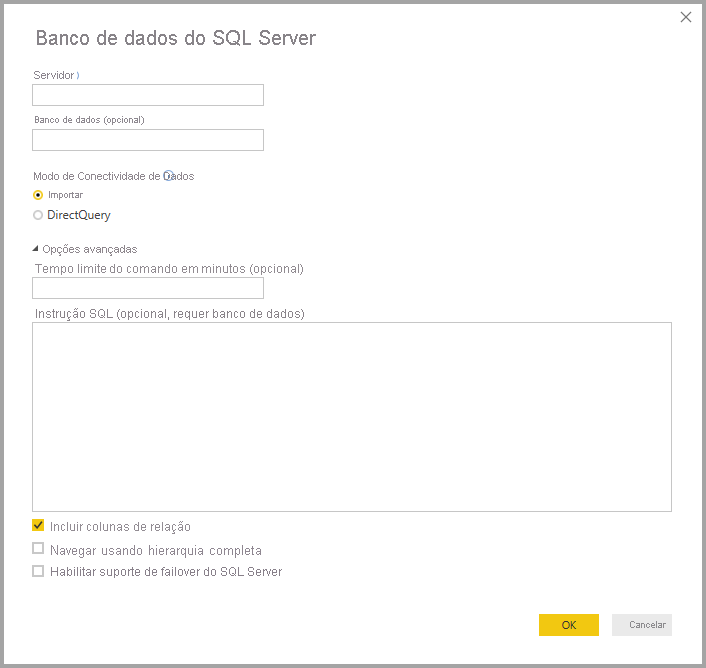 Screenshot of Power BI Desktop showing SQL Server database dialog box.