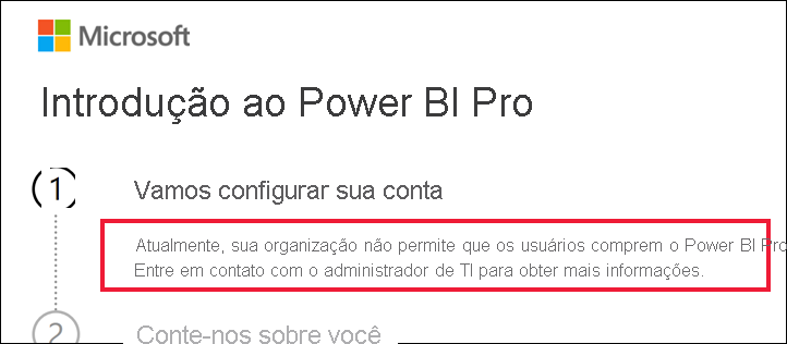 Captura de tela da caixa de diálogo de introdução mostrando a mensagem de que a organização não permite que os usuários comprem o Power BI Pro.