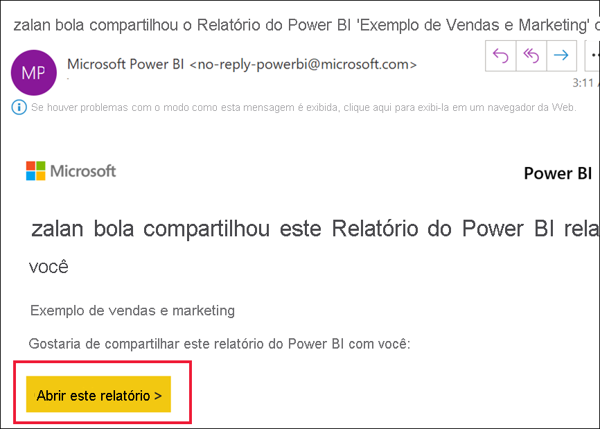 Captura de tela do serviço do Power BI mostrando um email que está sendo enviado do powerbi.com.
