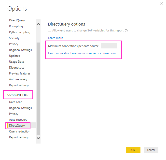Captura de tela que mostra a configuração do número máximo de conexões do DirectQuery.