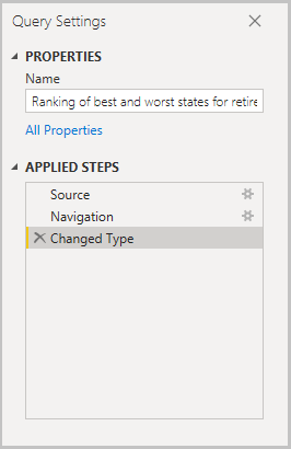 Captura de tela do Power BI Desktop mostrando o Editor do Power Query com o painel Configurações de Consulta mostrando as três Etapas Aplicadas.