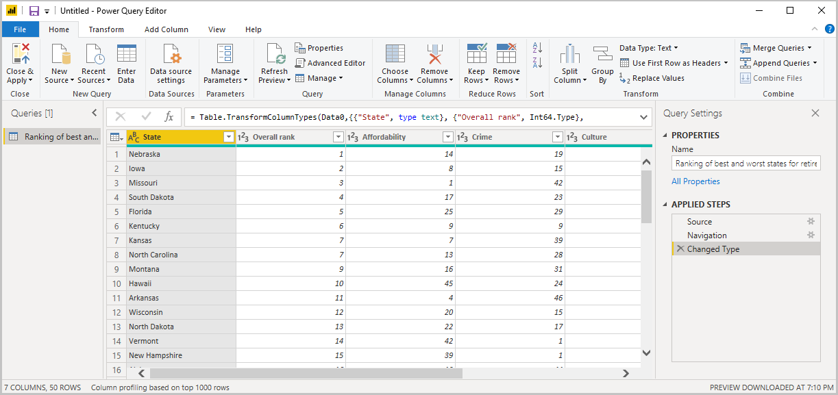Captura de tela do Power BI Desktop mostrando o Editor do Power Query com as Configurações de Consulta.